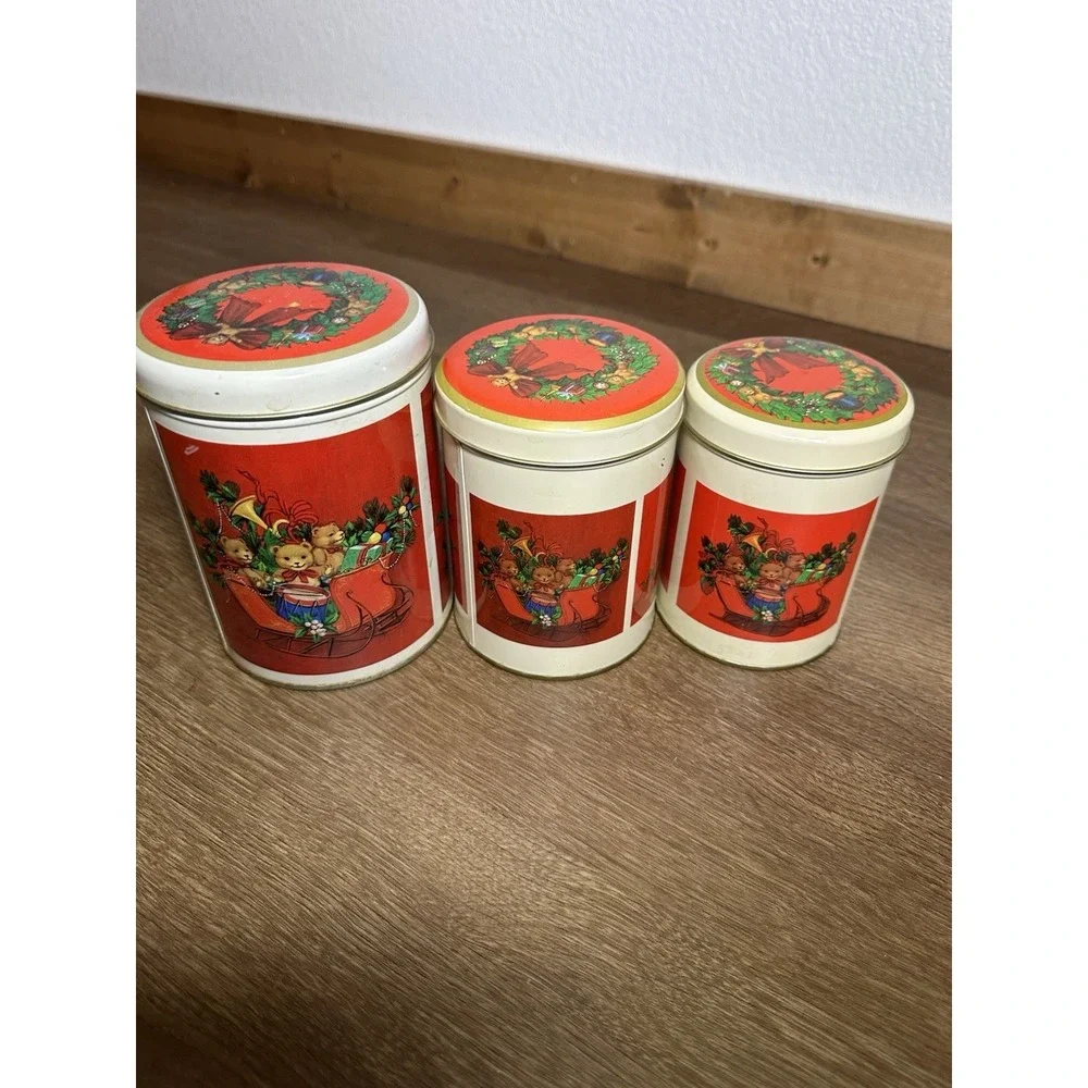 Vintage Christmas Canister Set Teddy Bear Train Sleigh Tin 3pc Holiday‎